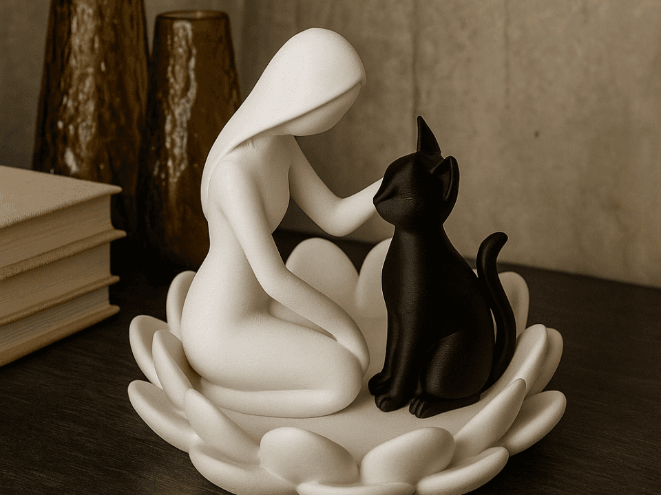 Serenity Lotus Sculpture – Woman & Cat Figurine