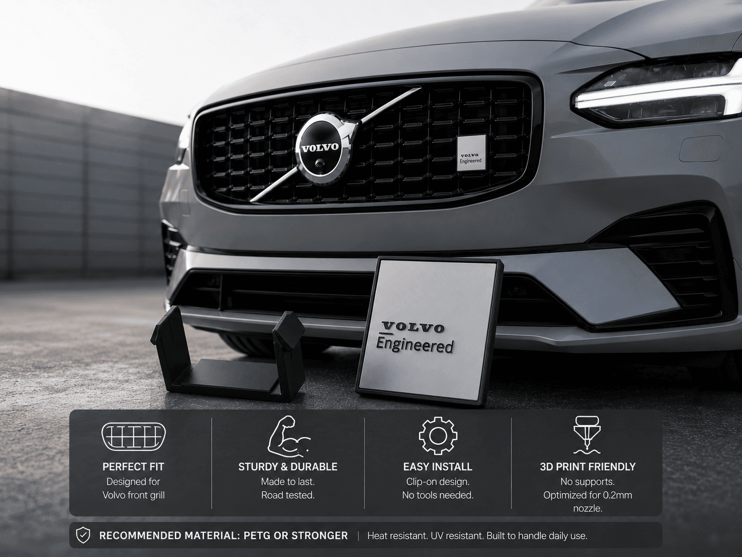 Volvo Front Grill Badge|No Supports|Clip-On Design