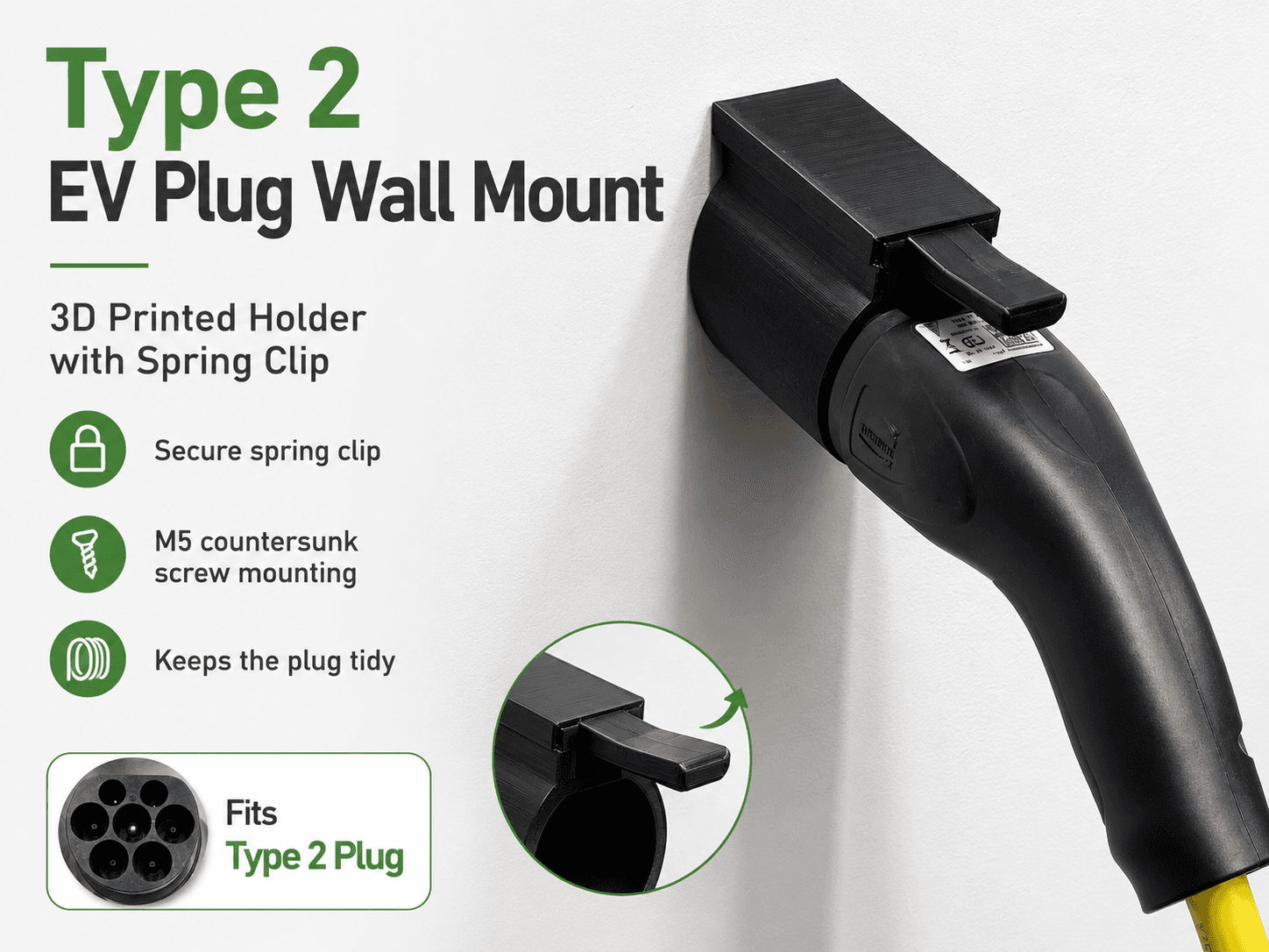Type 2 EV Plug Wall Mount with Spring Clip
