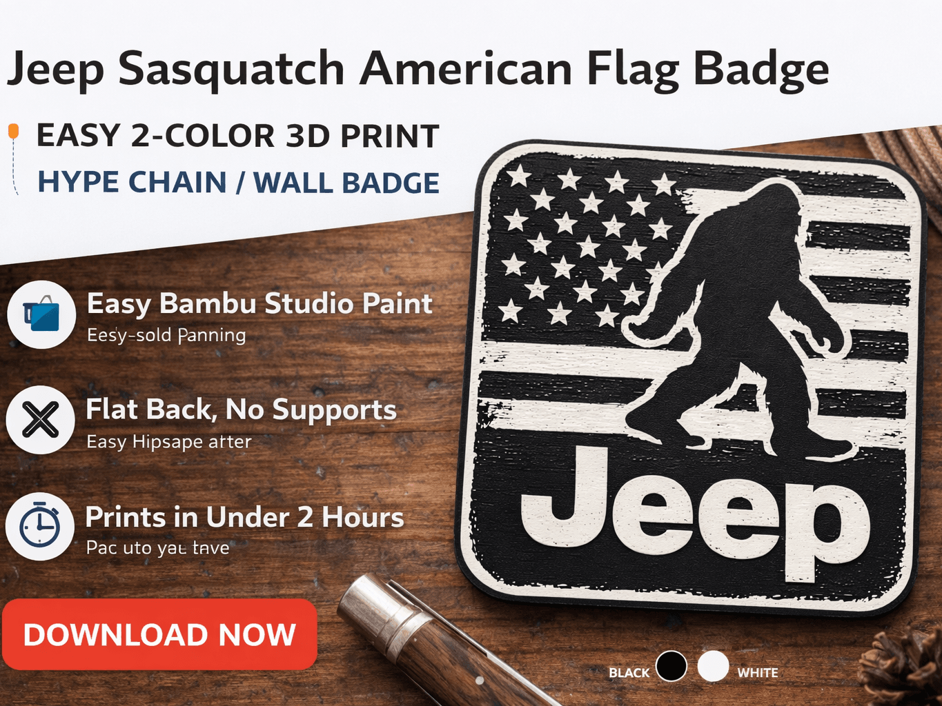 Jeep Sasquatch Flag – Easy Black & White 3D Print