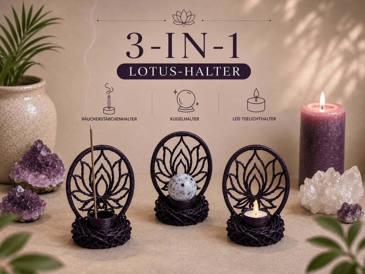 3-in-1 Lotus Holder | Räucherstäbchen, Kugel & LED