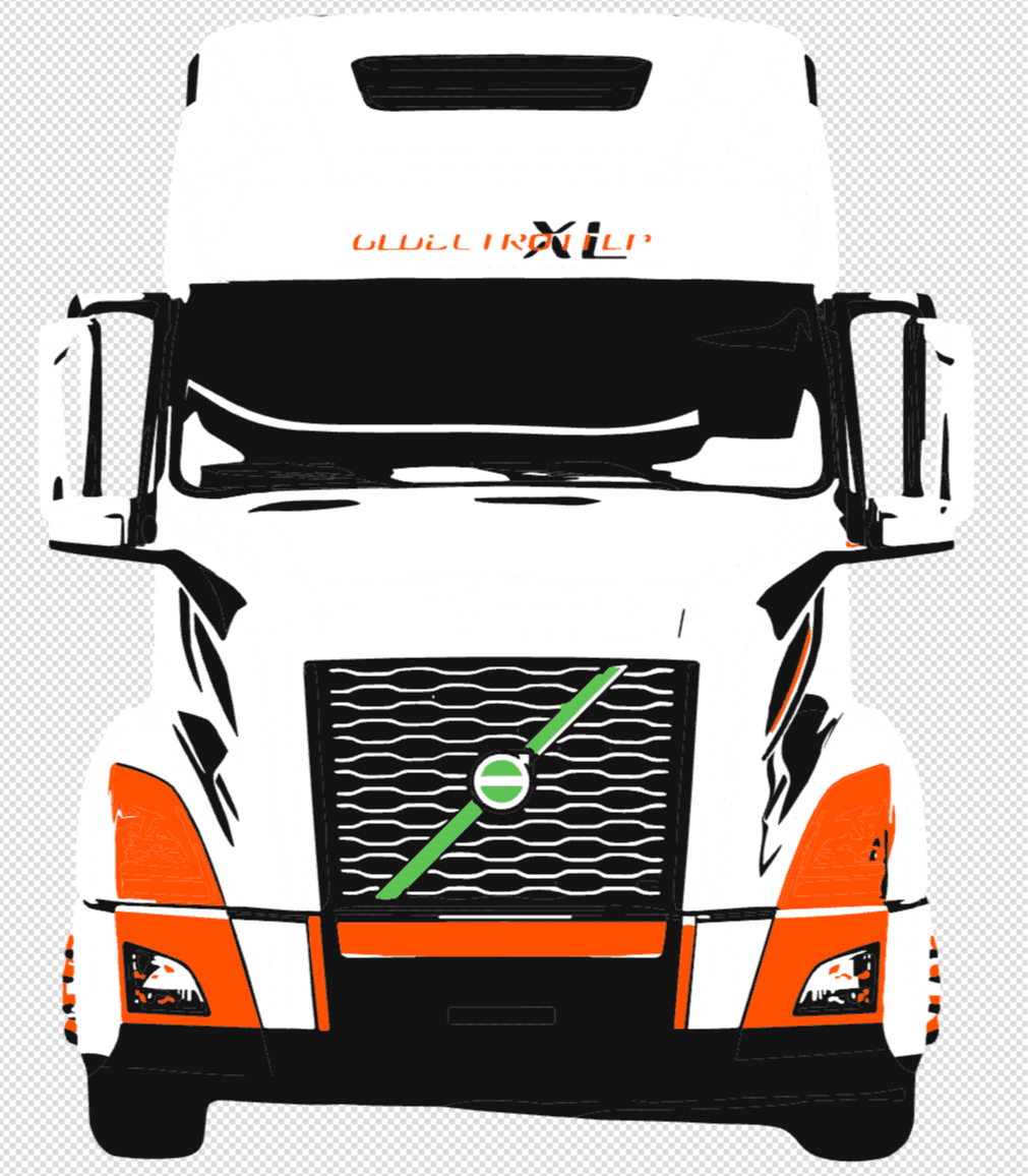 Its a orange, black, white, and green volvo truck.