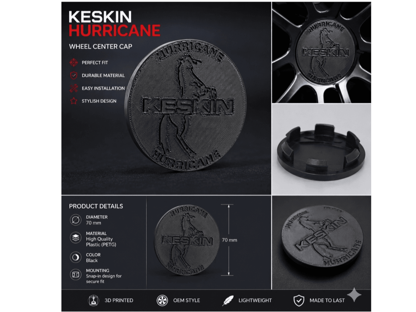Tapa de Buje 70mm Estilo Keskin Hurricane