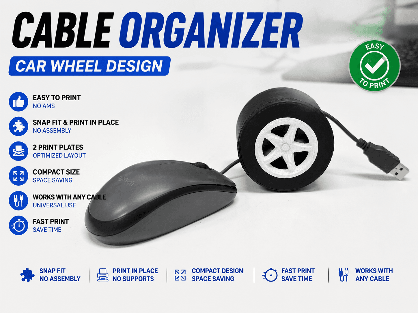 Car Wheel Cable Organizer - Print-in-Place 