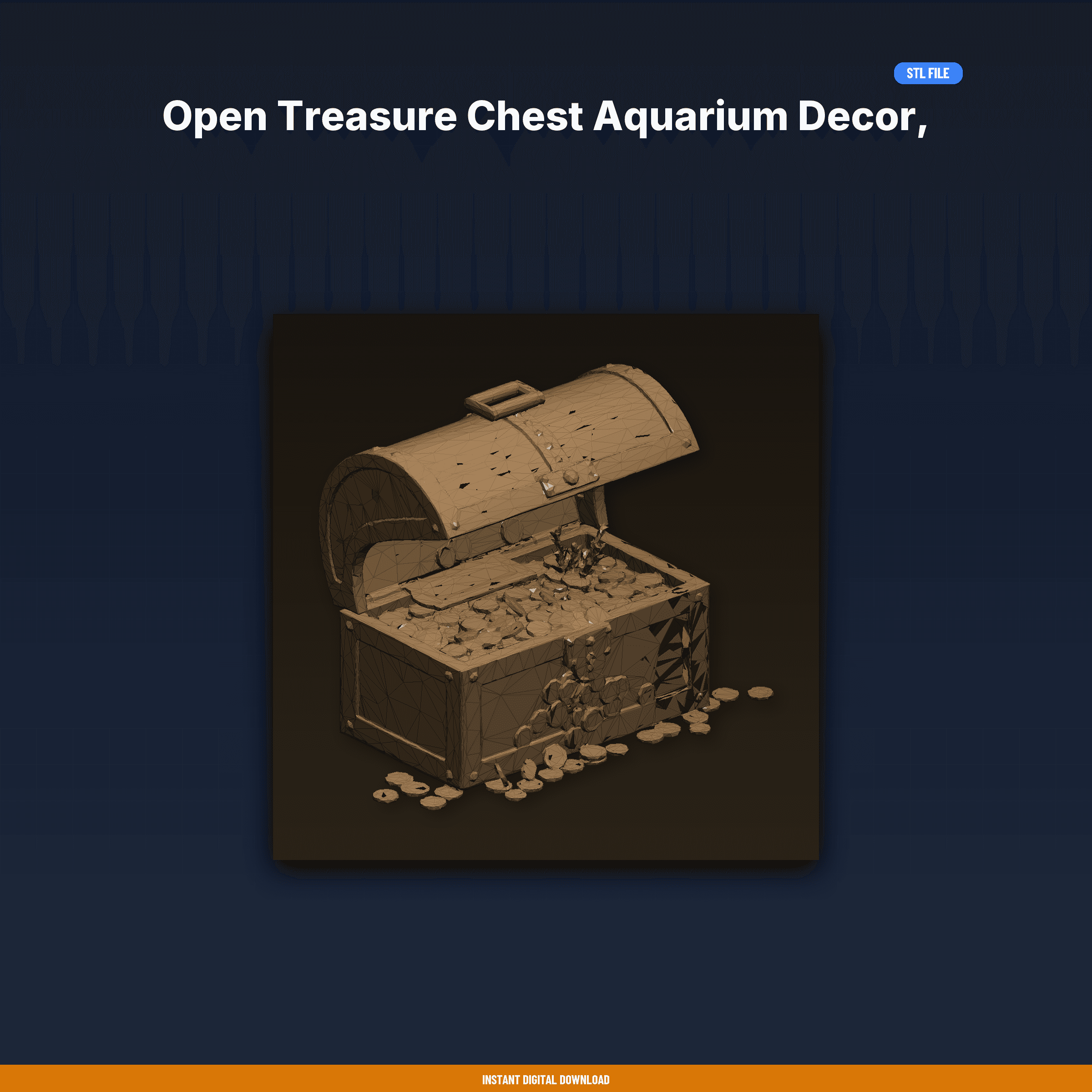 Open Treasure Chest Aquarium Decor, Gold Coins Spilling, Pirate - 3D Printable STL File
