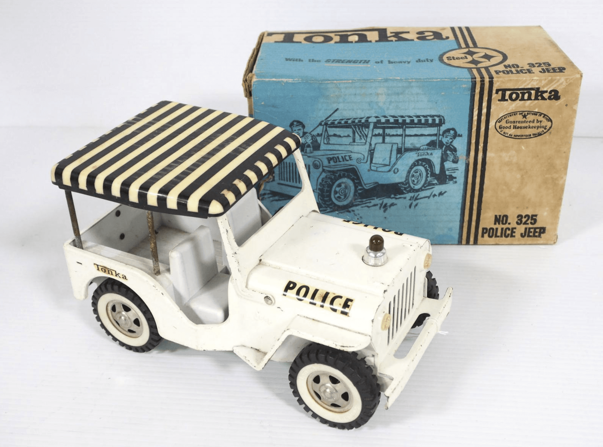 1965 Tonka Toys Police Jeep #325 and 1962 Elvis Surrey Jeep #350 Striped Hardtop Roof