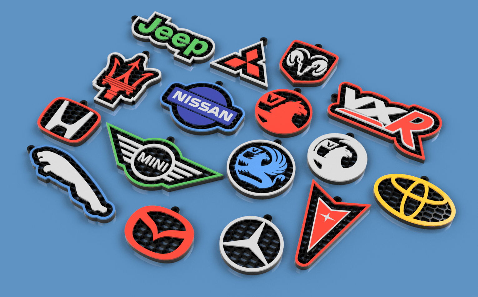 Honeycomb-style keychains with car brand logos. part2